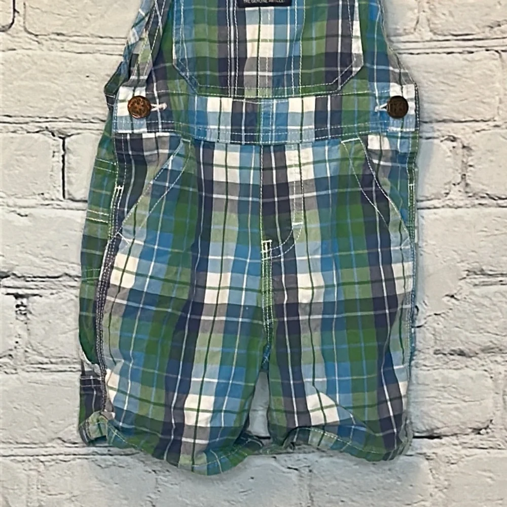 OshKosh B’Gosh Blue Green Plaid Short Overalls Boy’s Size 18 Months